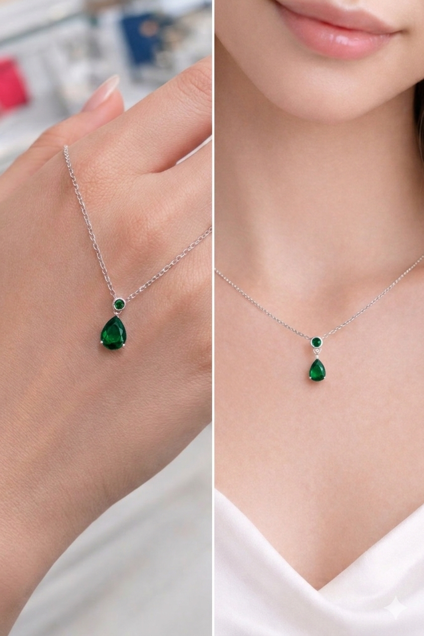 قلادة Green Sapphire Drop – فضة إيطالية عيار 925