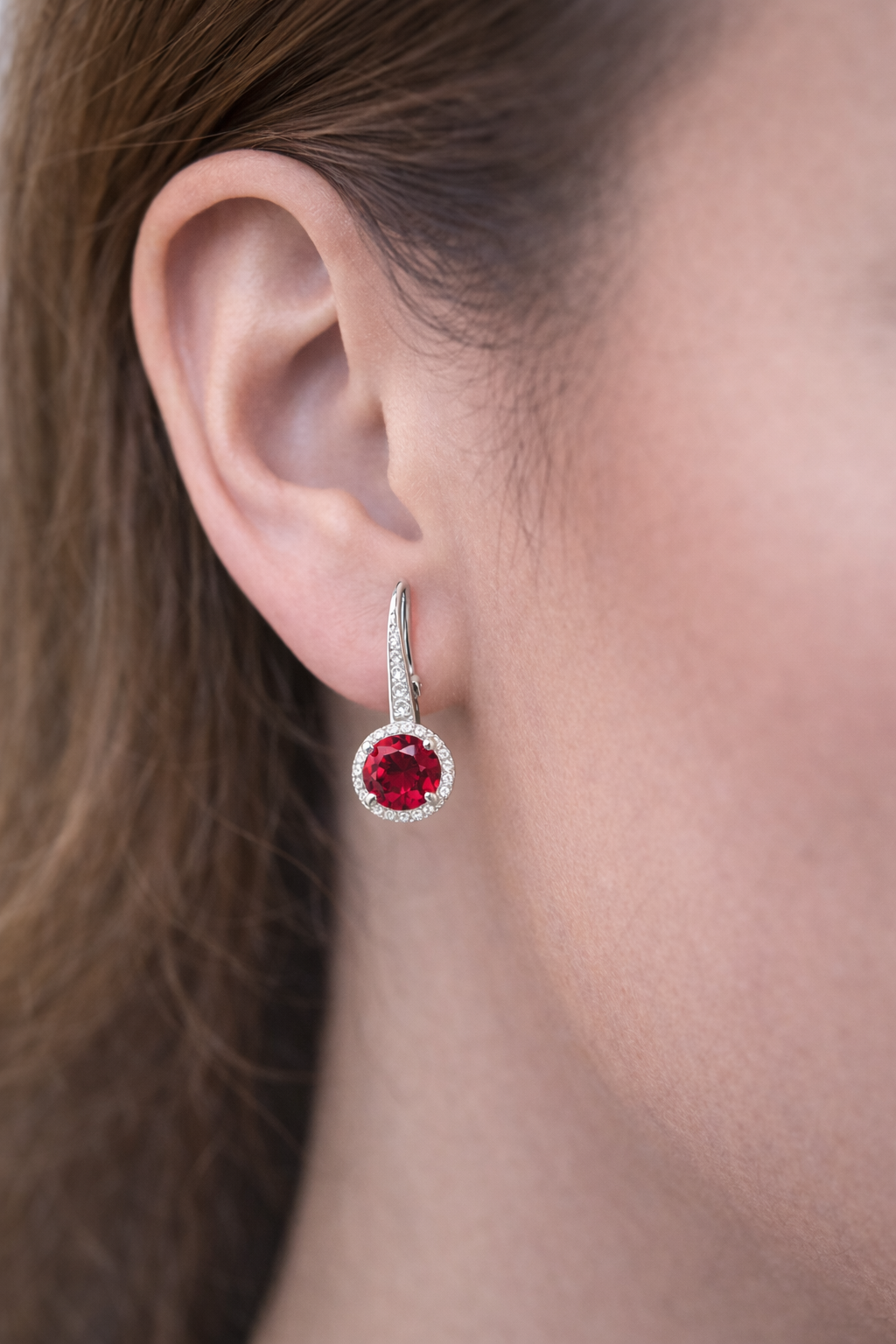 حلق فضة متدلّي حجر أحمر (Halo)-sterling silver 925 earrings